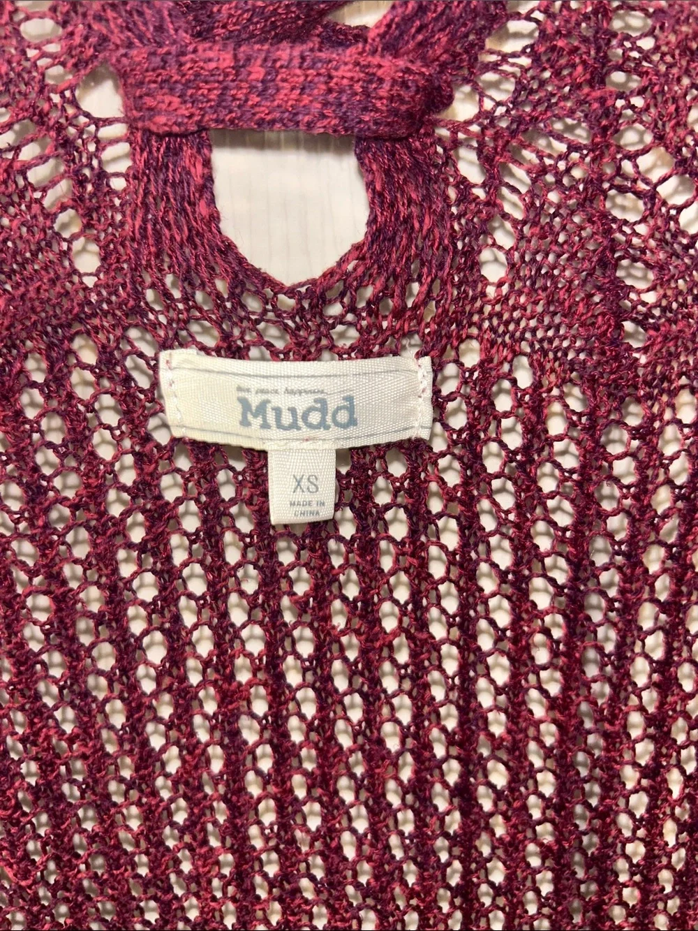 Mudd Open-Knit Lace-Up Back Cardigan in Burgundy